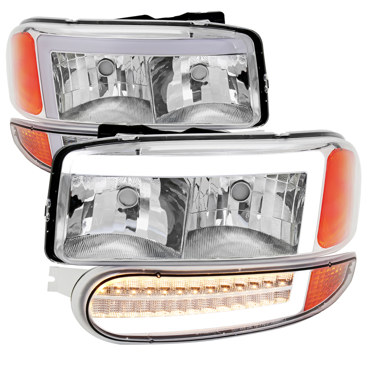 LED Bumer Light Chrome Housing & Clear Lens Yukon Denali Headlight with LED Bar for 2000-2006 GMC Yukon Denali