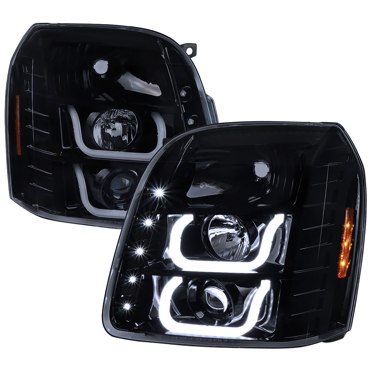 2LHP-DEN07G-V2-TM U Shape LED Bar Projector Headlight with Glossy Black Housing & Light Smoked Lens for 2007-2014 GMC Yukon