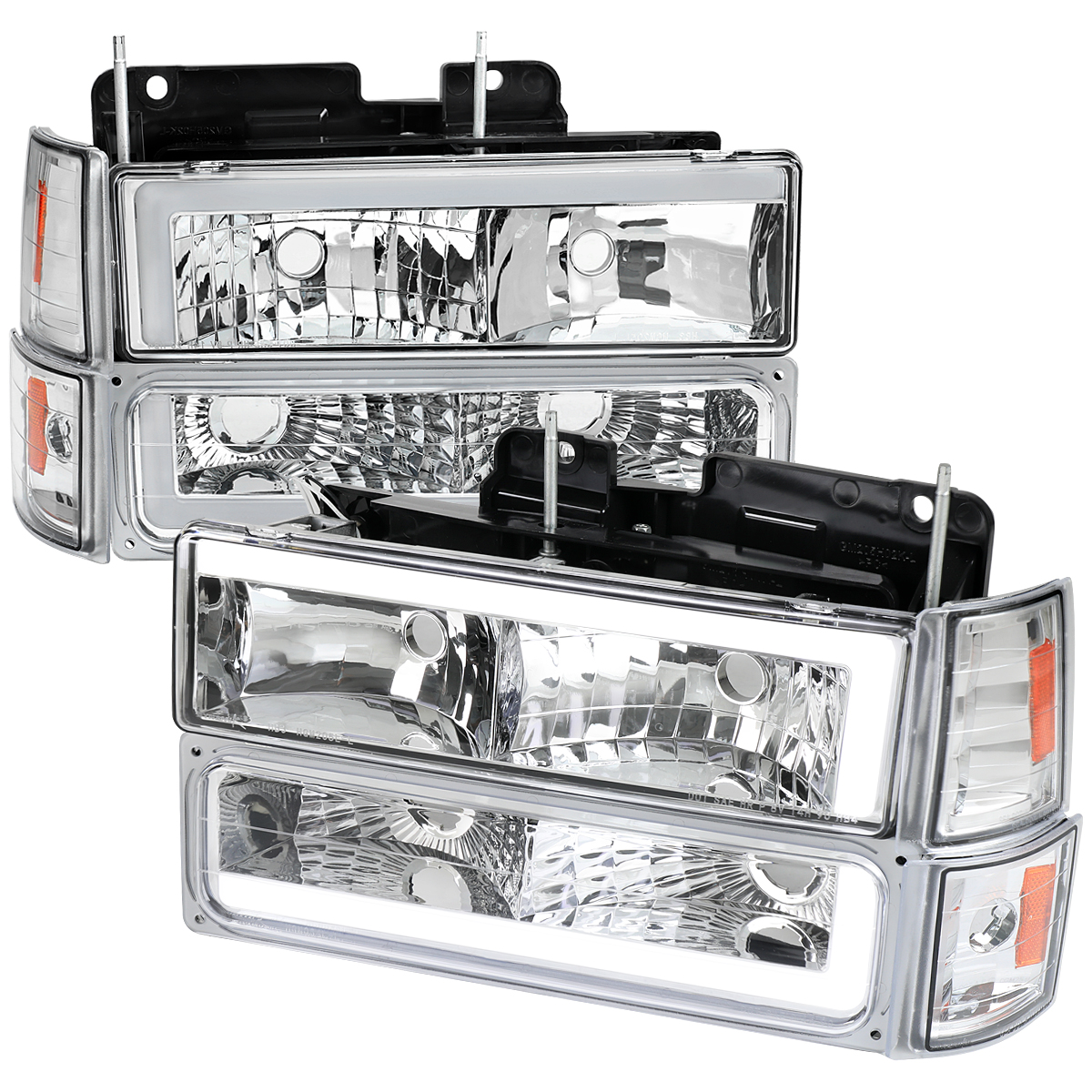 2LBCLH-GMC94-G3-RS 8 Piece Combo Set Headlight Bumper & Corner Lights with LED Bar Chrome Housing & Clear Lens for 1994-1998 GMC CK Pickup