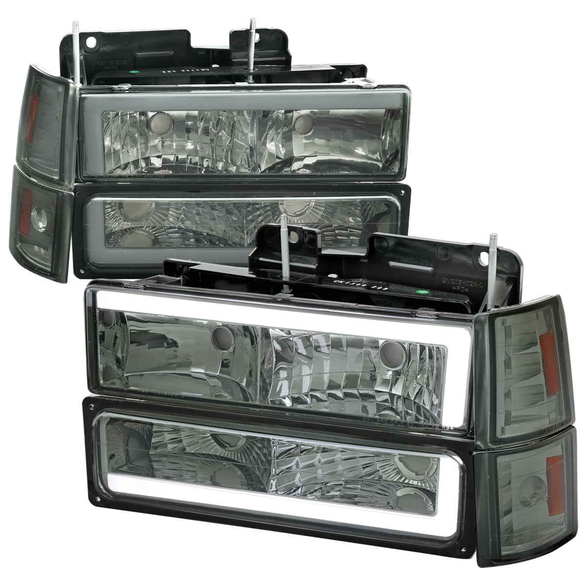 2LBCLH-GMC94G-G3-RS 8 Piece Combo Set Headlight Bumper & Corner Lights with LED Bar Chrome Housing & Smoke Lens for 1994-1998 GMC CK Pickup