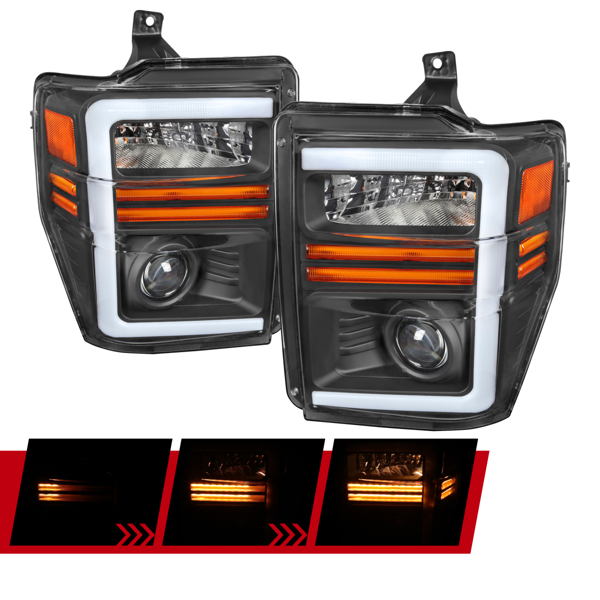 2LHP-F25008JM-G3-GO LED Bar Headlight with Sequential Turn Signal Matte Black Housing Clear Lens for 2008-2010 Ford F-350