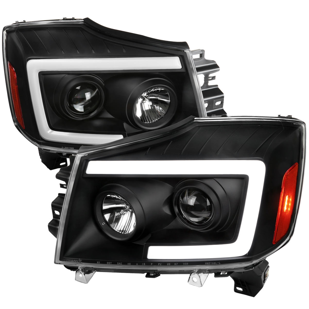 2LHP-TIT04JM-SQ-RS Matte Black Housing & Clear Lens Projector Headlight with Amber Corners & Sequential Turn Signal for 2004-2007 Nissan Armada