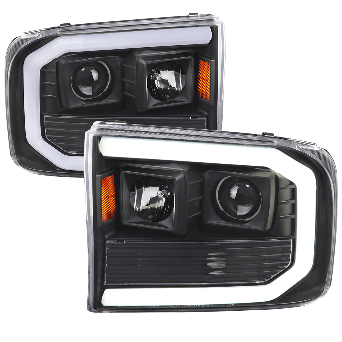 Projector Headlight with LED Bar Matte Black Housing & Smoked Lens Amber Reflector for 2000-2004 Ford Excursion