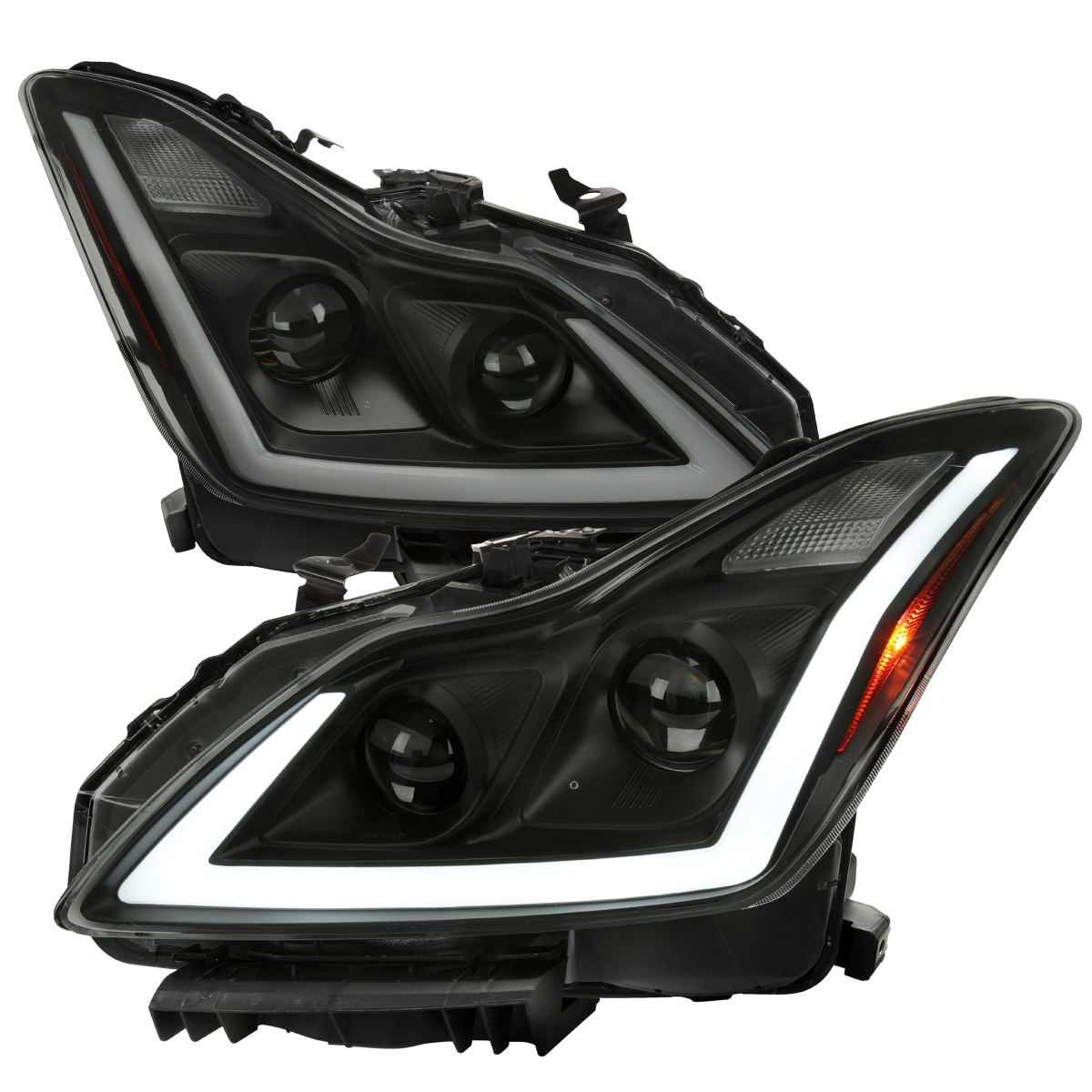 D2S High & Low Beam Q60 Coupe LED Bar Headlight with Matte Black Housing Smoked Lens Amber Reflector for 2008-2013 Infiniti G37