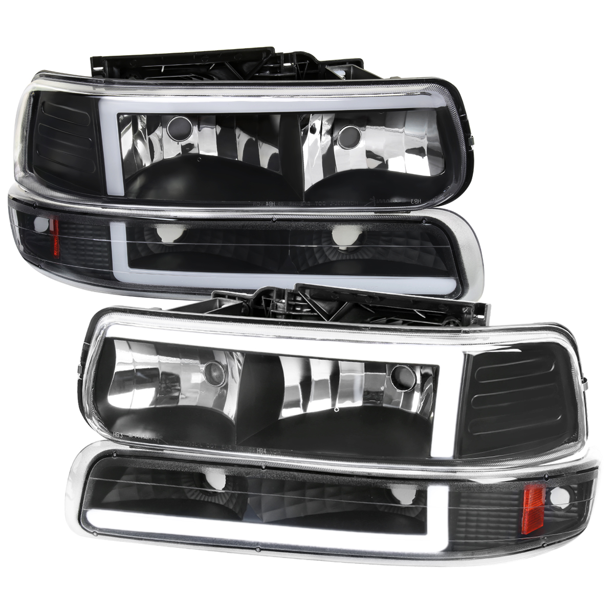 Matte Black Housing Clear Lens Headlight with Amber Reflector & LED Bar for 1999-2002 Chevy Silverado 1500
