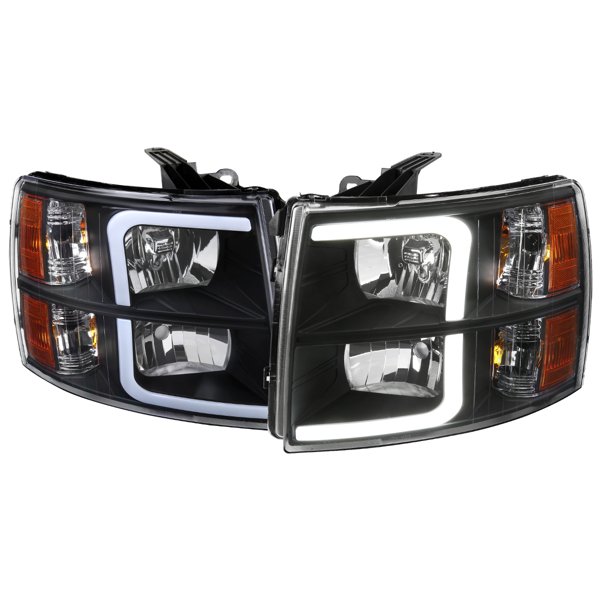 2LH-SIV07JM-G3-RS Matte Black Housing Clear Lens Headlight with Amber Reflector & LED Bar for 2007-2013 Chevy Silverado 1500