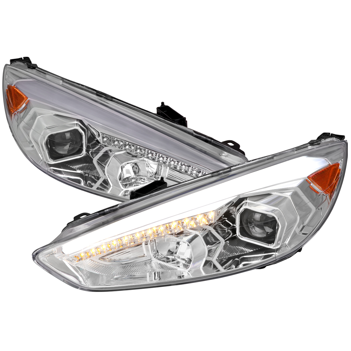2LHP-FOC15-SQ-TM Sequential Turn Signal Projector Headlight with Chrome Housing Clear Lens & Amber Reflector for 2015-2017 Ford Focus