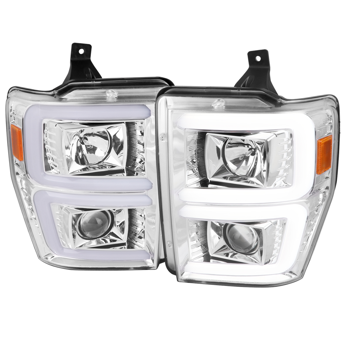 2LHP-F25008-G2-TM Switch Back Sequential Turn Signal Projector Headlight with LED Bar Chrome Housing & Clear Lens for 2008-2010 Ford F-250