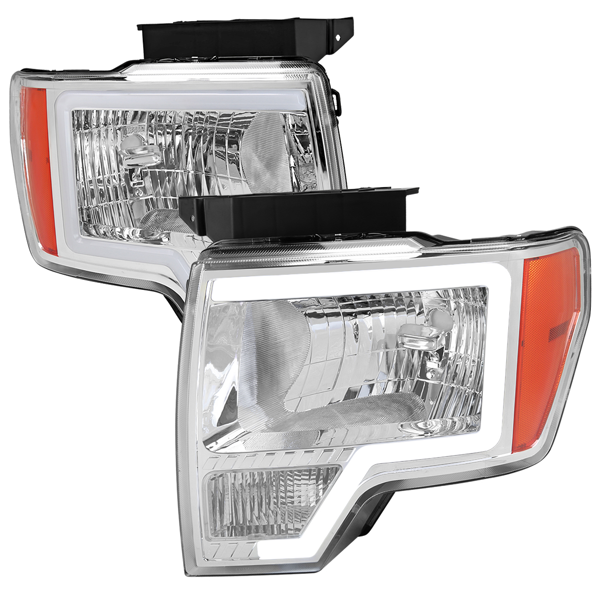 2LH-F15009-G3-RS Stock H13 Bulbs LED Bar Headlight with Chrome Housing & Clear Lens Amber Reflector for 2009-2014 Ford F-150
