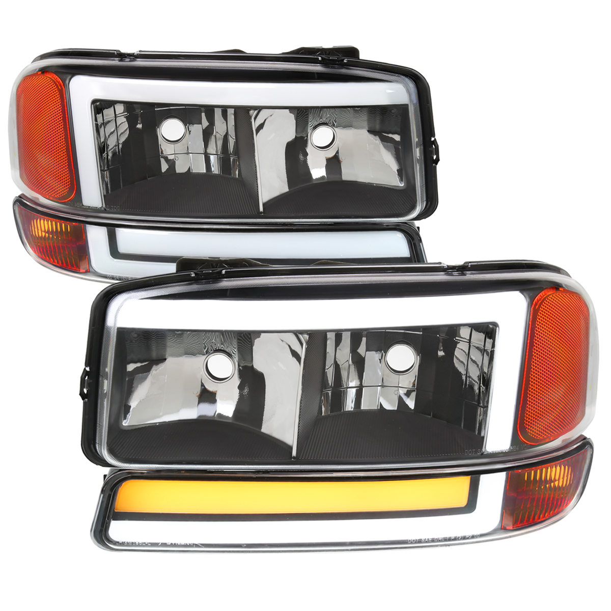 2LBLH-GMC99JM-G3-RS Headlight & Bumper Light Combo with LED Bar Matte Black Housing & Clear Lens for 1999-2006 GMC Sierra 1500