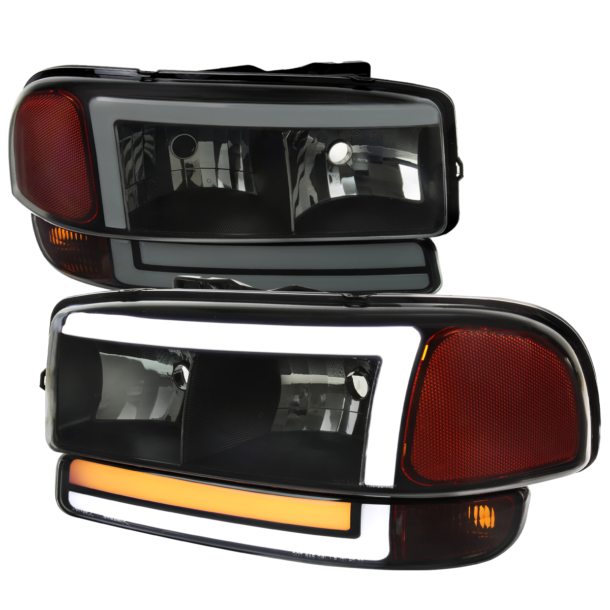 2LBLH-GMC99SM-G3-RS Headlight & Bumper Light Combo with LED Bar Matte Black Housing & Smoked Lens for 1999-2006 GMC Sierra 1500