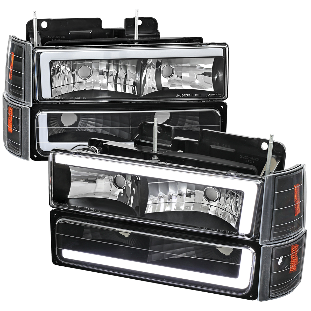 8 Piece Headlight Bumper & Corner Lights Combo Set with LED Bar Matte Black Housing & Clear Lens for 1994-1998 GMC C10 Pickup Truck