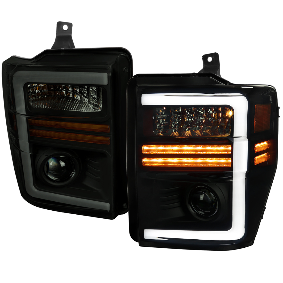 High & Low Beam LED Bar Projector Headlight with Sequential Turn Signal Matte Black Housing Smoked Lens for 2008-2010 Ford F-250-F-350-F-450-F550