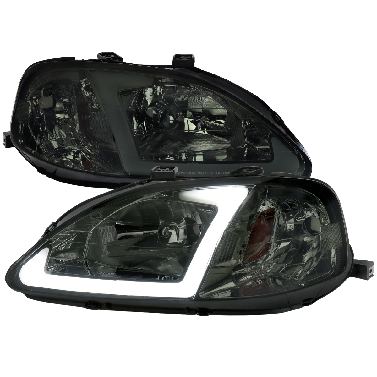 2LH-CV99G-G3-GO Chrome Housing & Smoked Lens OE Style Amber Reflector Headlight with LED Bar for 1999-2000 Honda Civic