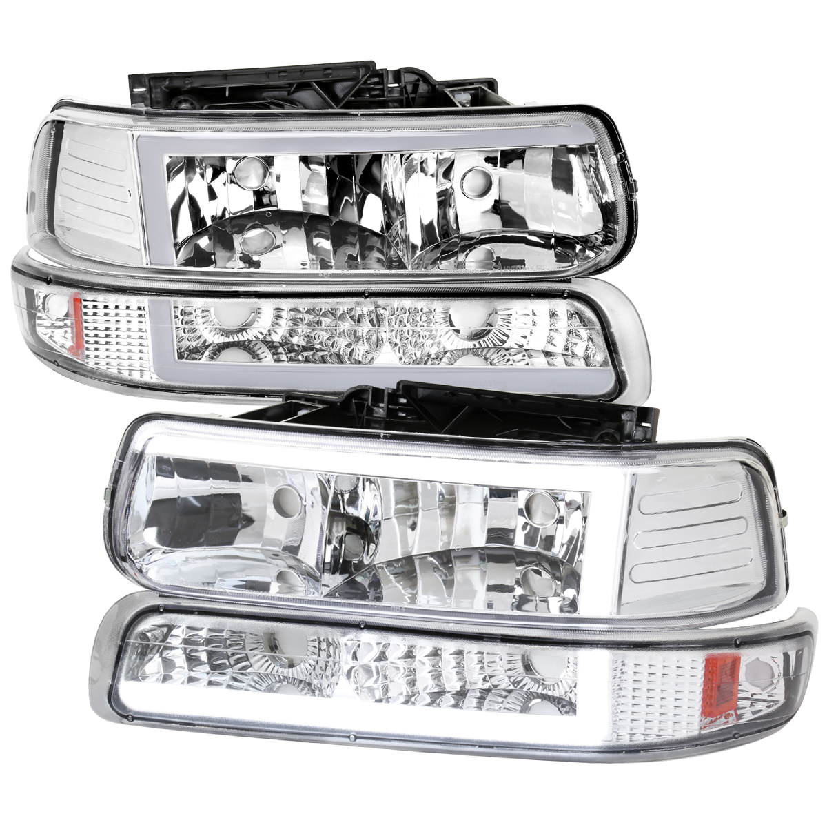 2LBLH-SIV99-G3-RS Chrome Housing Clear Lens Headlight with Amber Reflector & LED Bar for 1999-2002 Chevrolet Silverado 1500-2500