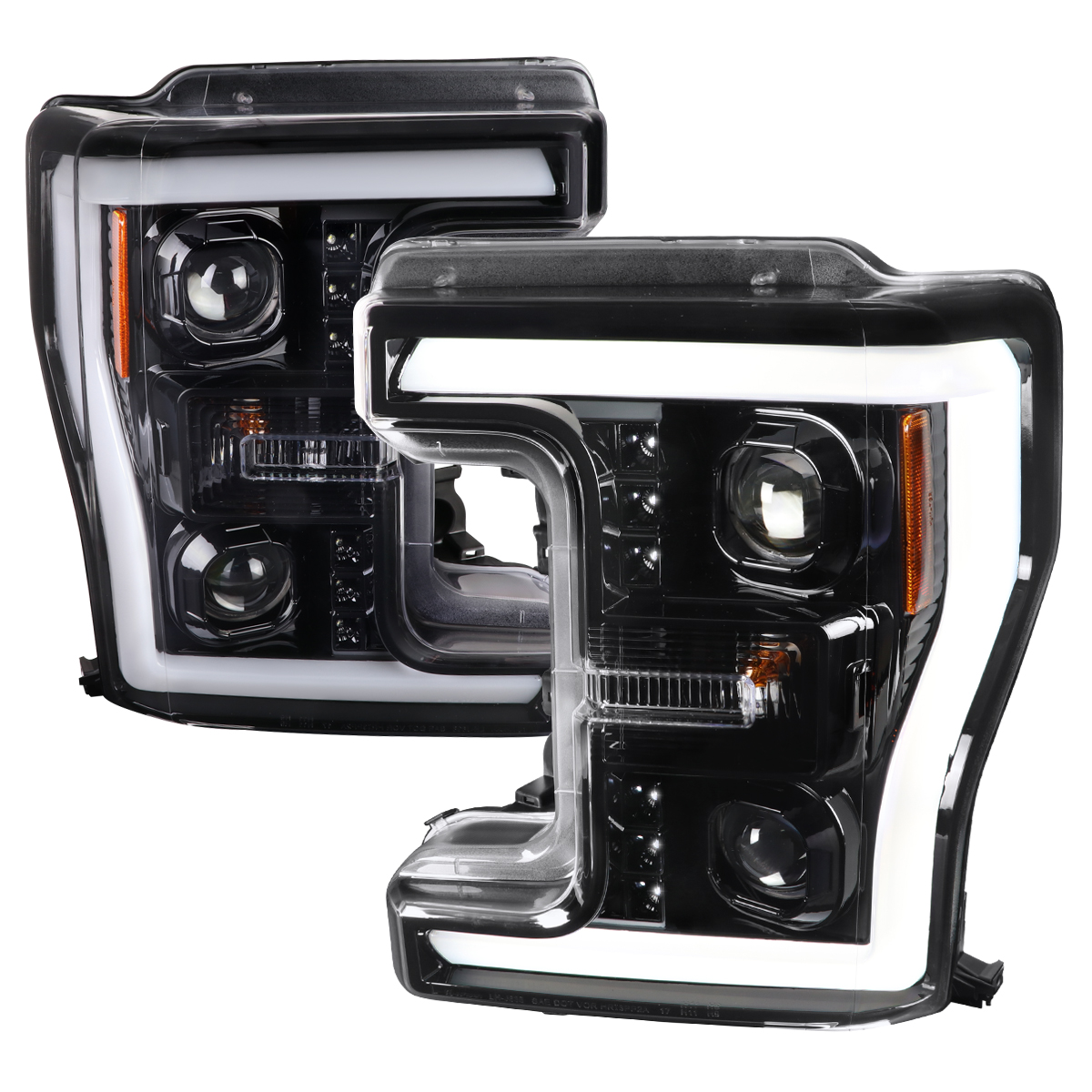 2LHP-F25017BK-TM Projector Headlight with Glossy Black Housing LED Bar for 2017-2019 Ford F-250-F-350-F-450-F-550