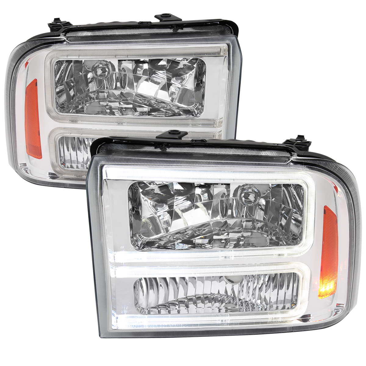 2LH-F25005-G3-RS Headlight with LED Bar Chrome Housing Clear Lens Amber Reflector for 2005-2007 Ford F250-F350-F450-F550