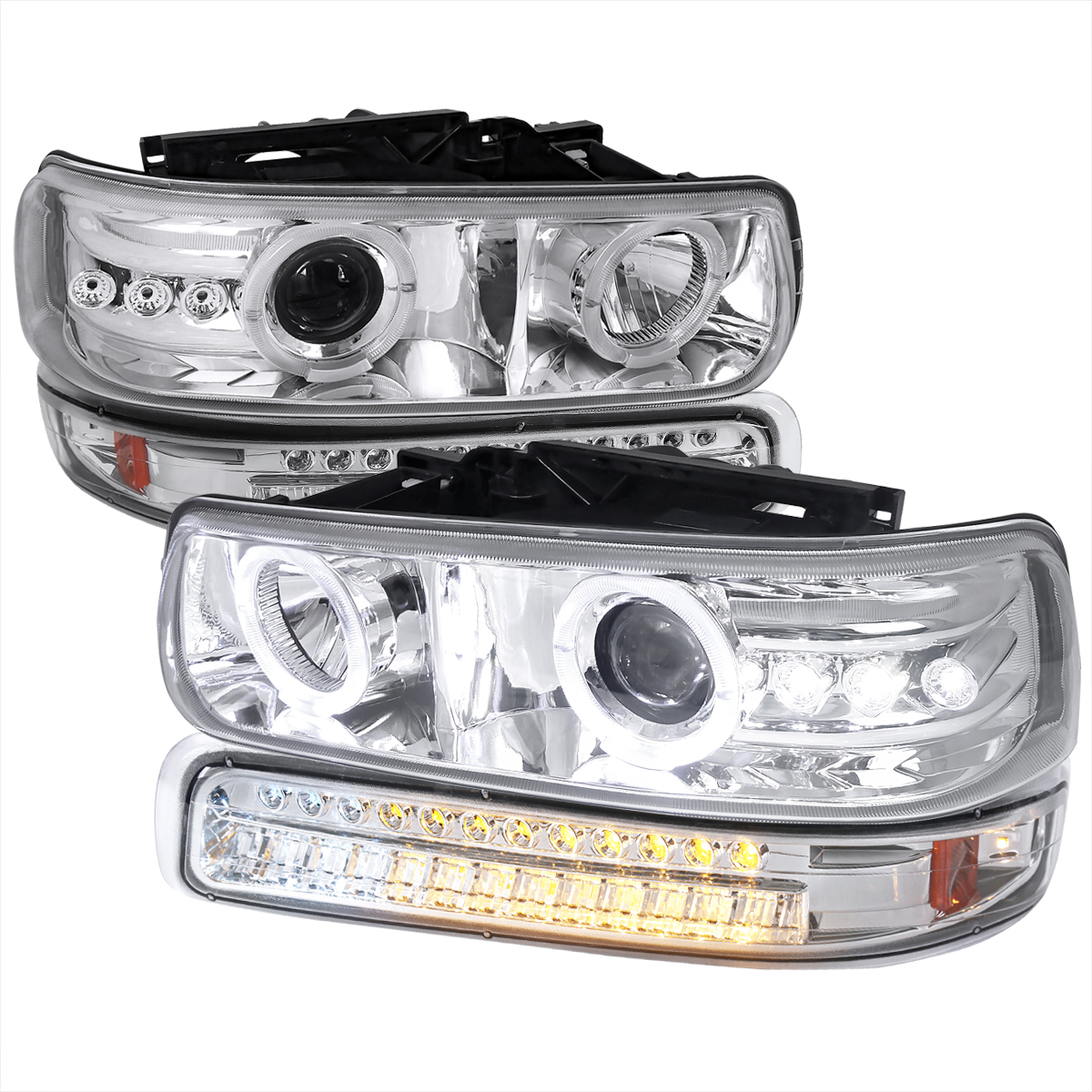 2LBLHP-SIV99CLED-RS Dual Halo Projector Headlight with LED Signal Light for 1999-2002 Chevrolet Silverado