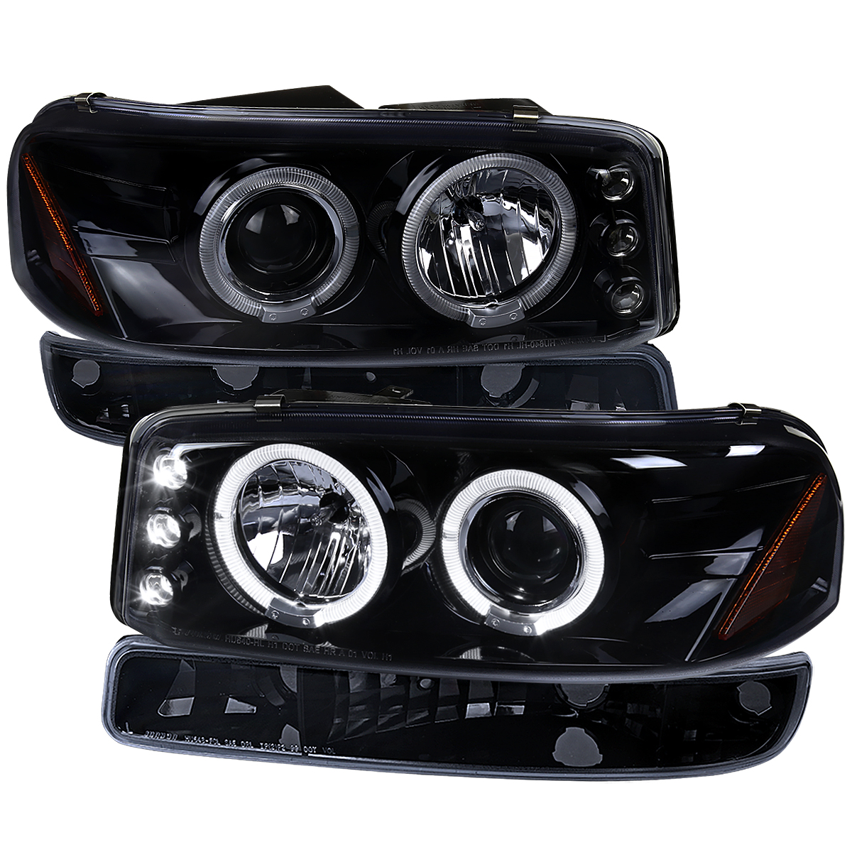 Projector Headlight & Bumper Lights with Gloss Black & Smoke Lens for 1999-2006 GMC Sierra 1500-2500-3500
