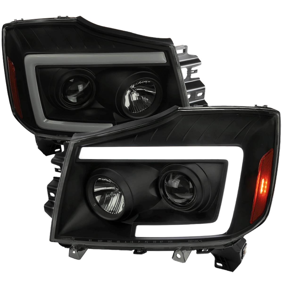 2LHP-TIT04SM-SQ-RS Matte Black Housing & Smoked Lens Projector Headlight with Amber Corners & Sequential Turn Signal for 2004-2007 Nissan Armada