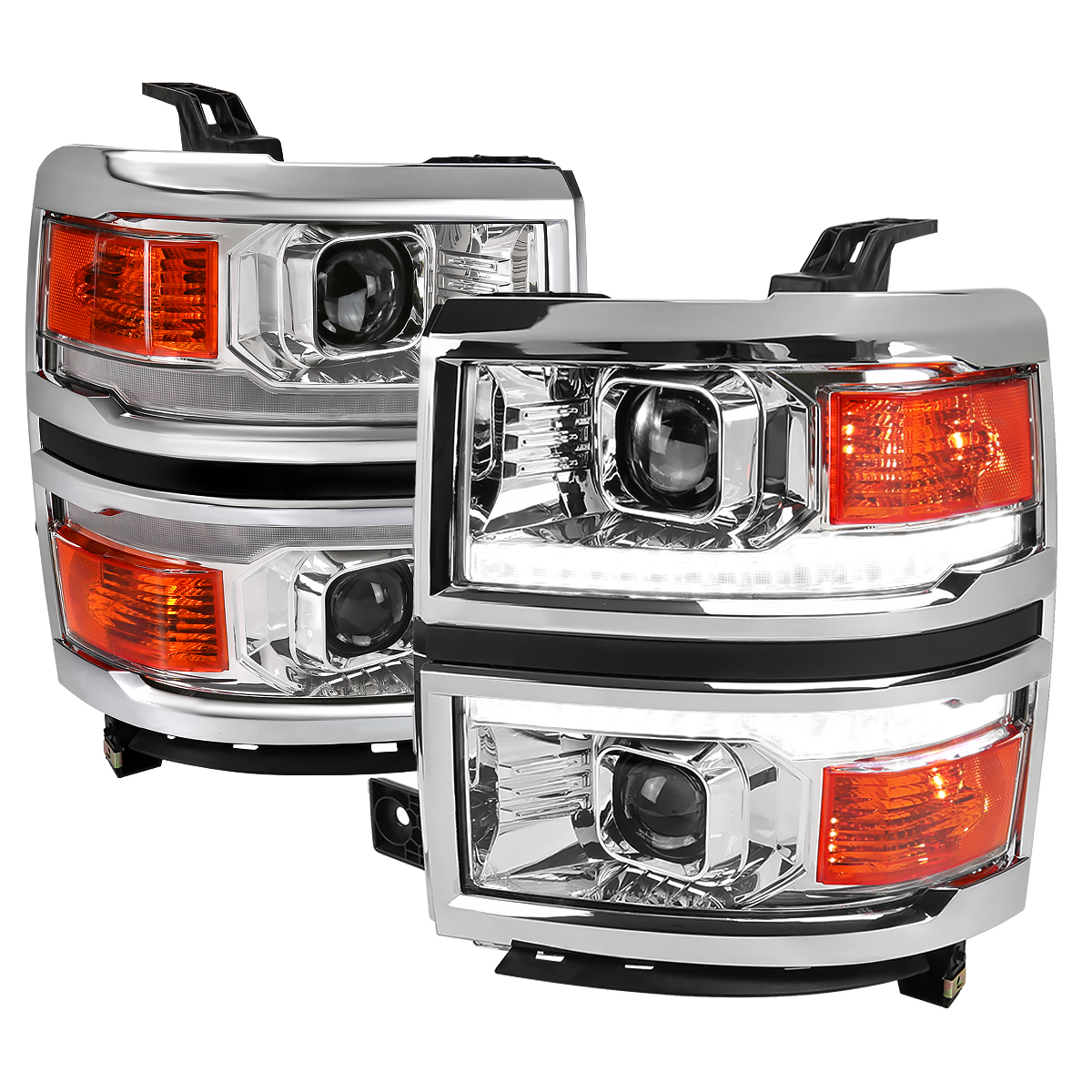 Projector Headlight with Chrome Trim Housing Clear Lens & Amber Reflector with Sequential Turn Signal for 2014-2015 Chevy Silverado 1500