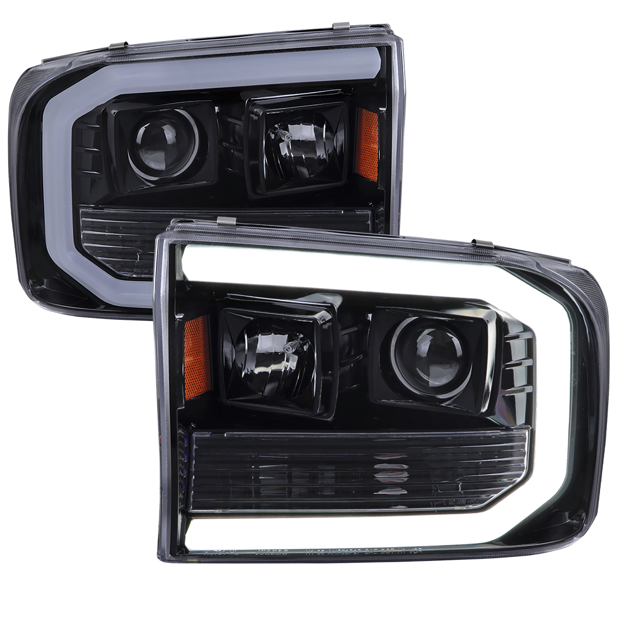 Projector Headlight with LED Bar Glossy Black Housing & Smoked Lens Amber Reflector for 1999-2004 Ford F-250-F-350-F-450-F-550 Super Duty