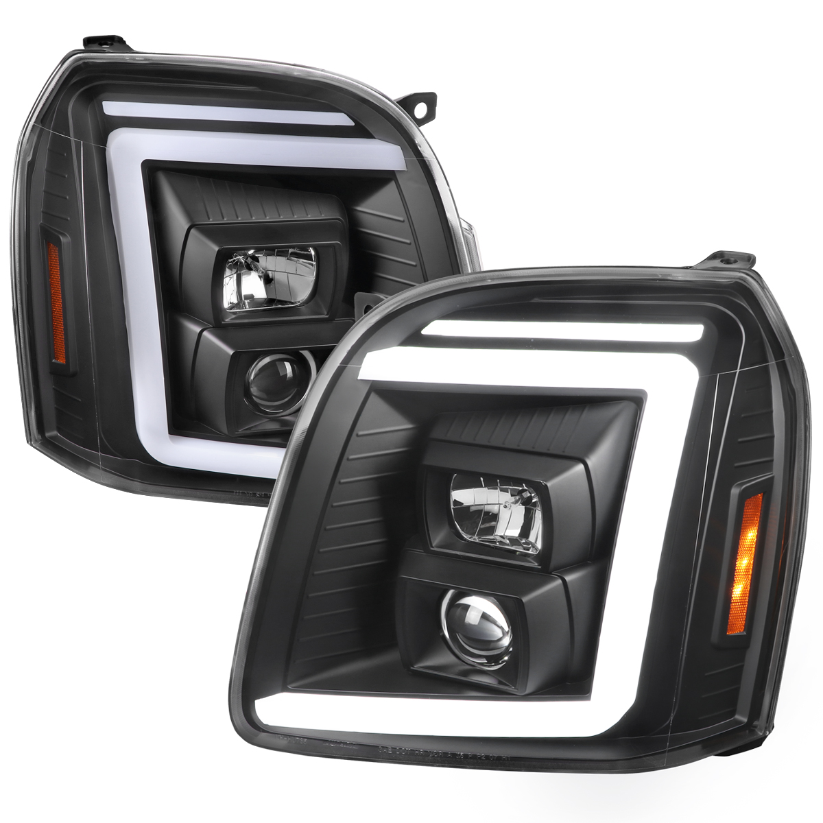 2LHP-DEN07JM-G2-TM Switchback & Sequential Turn Signal Projector Headlight with LED Bar Matte Black Housing & Clear Lens for 2007-2014 GMC Yukon
