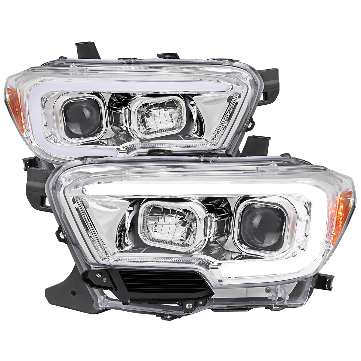 2LHP-TAC16-TM Switchback Turn Signal Projector Headlight with DRL LED Bar Chrome Housing Clear Lens for 2016-2023 Toyota Tacoma