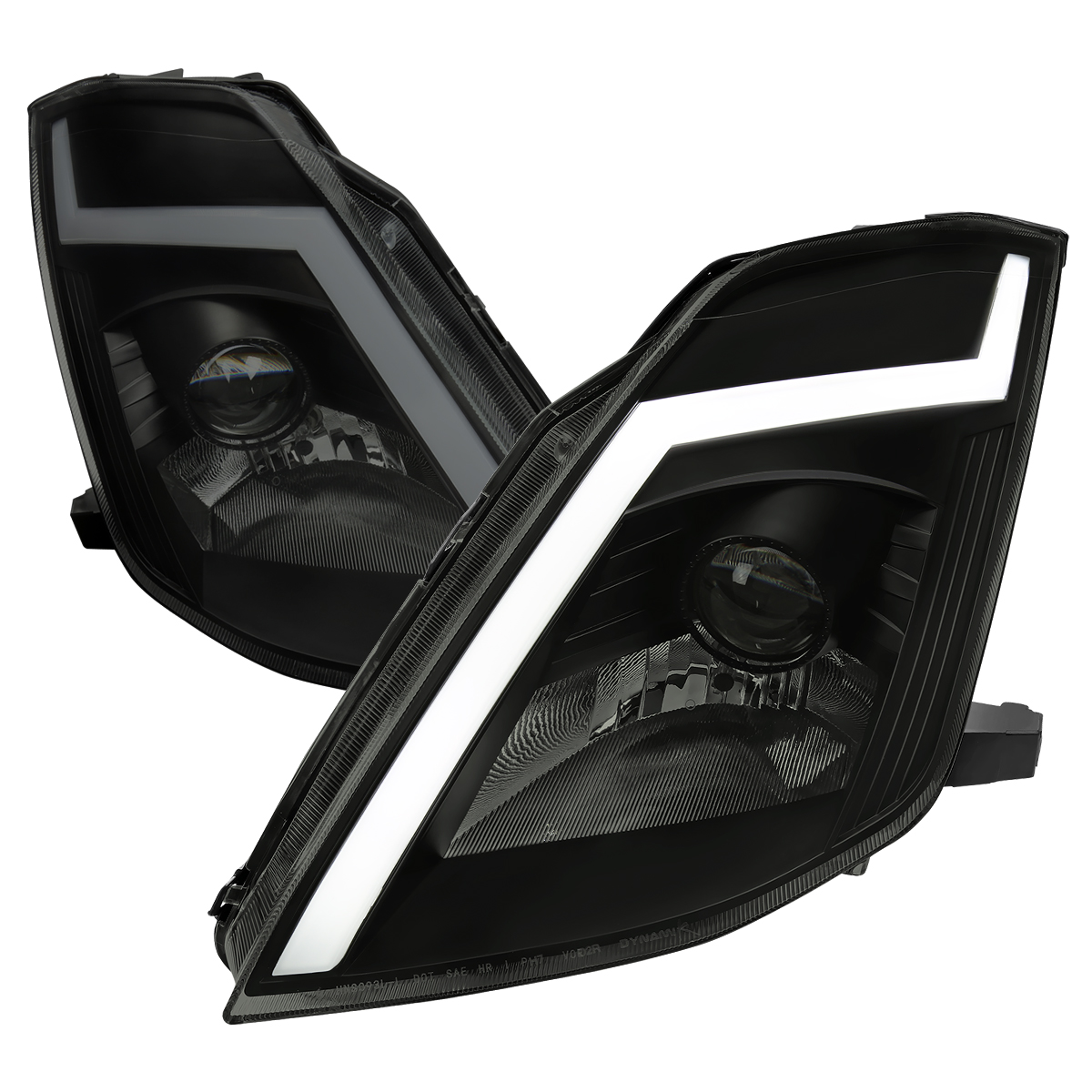 LHP-350Z03SM-SQ-RS Matte Black Housing Smoked Lens Projector Headlight with Sequential Signal Switchback LED Light Bar for 2003-2005 Nissan 350Z