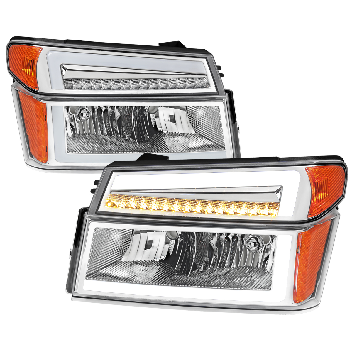 Gmc Canyon Headlight with LED Bar & Parking Lights Chrome Housing Clear Lens Switchback Sequential Turn Signal for 2004-2012 Chevrolet Colorado