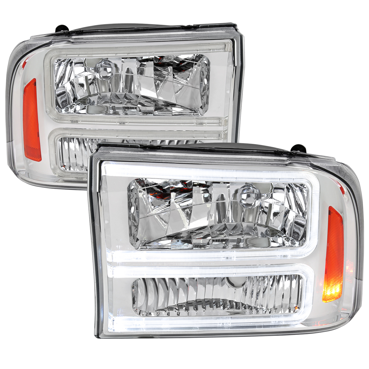 2LH-F25099-G3-RS Headlight with LED Bar Chrome Housing & Clear Lens Amber Reflector for 1999-2004 Ford F250-F350-F450-F550
