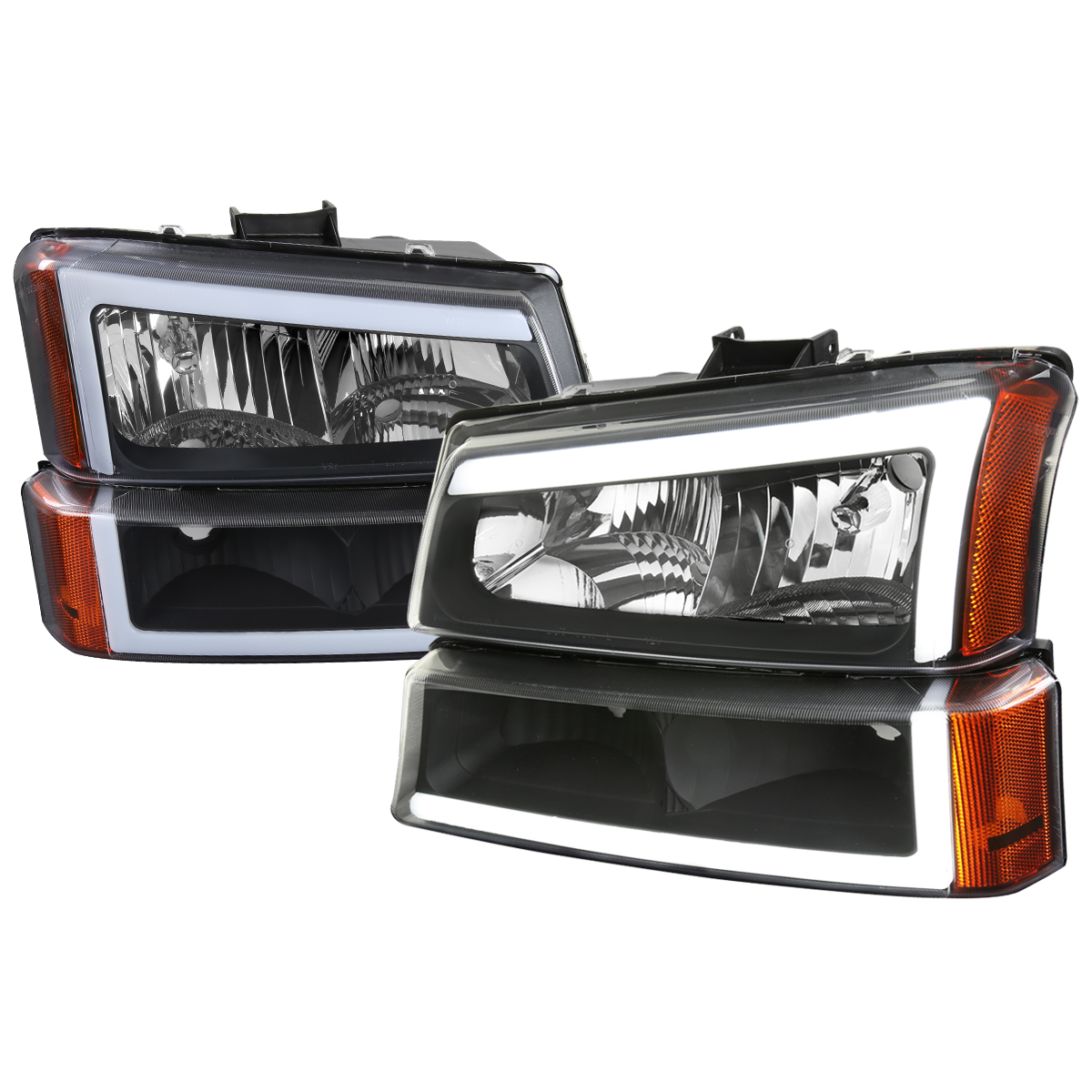 Avalanche Headlight & Bumper Lights with LED Bar Clear Lens & Matte Black Housing for 2003-2007 Chevrolet Silverado