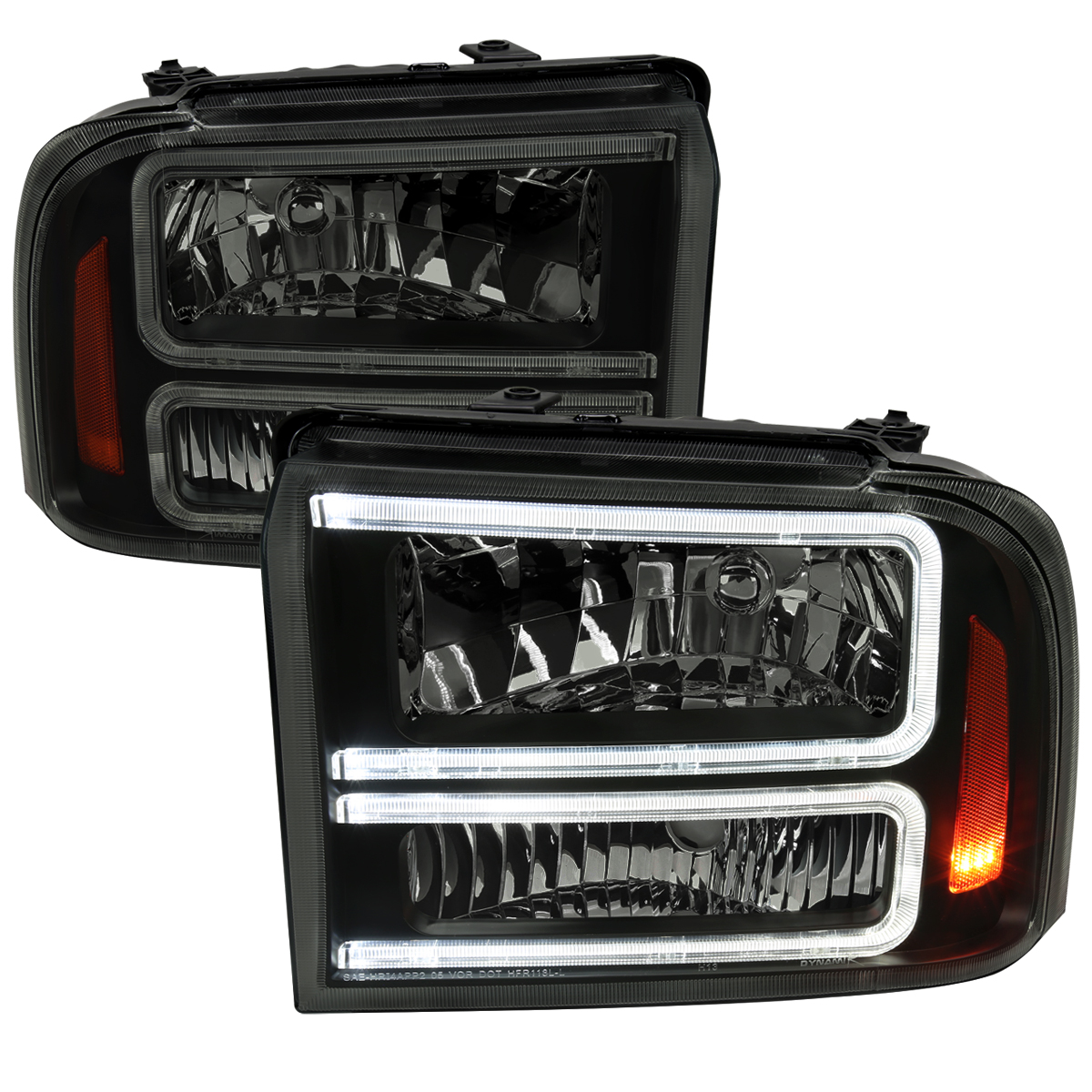 Headlight with LED Bar Black Housing Smoked Lens Amber Reflector for 2005-2007 Ford F250-F350-F450-F550
