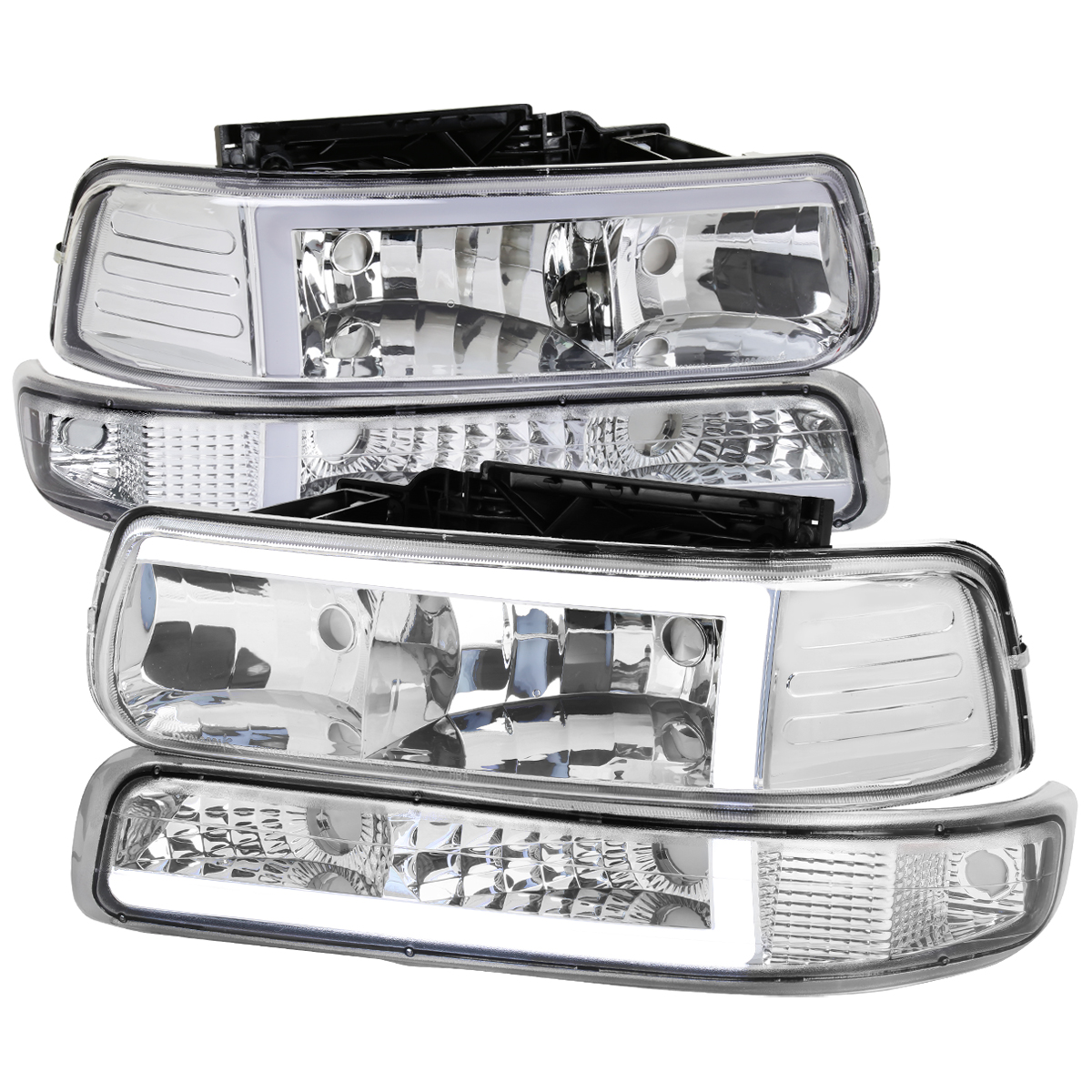 LBLH-SIV99-G3-RS Chrome Housing Clear Lens Headlight with LED Bar for 1999-2002 Chevrolet Silverado 1500-2500