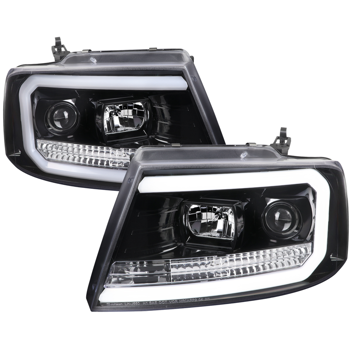 2LHP-F15004BK-G2-TM Projector Headlight with LED Bar Clear Lens & Glossy Black Housing for 2004-2008 Ford F-150