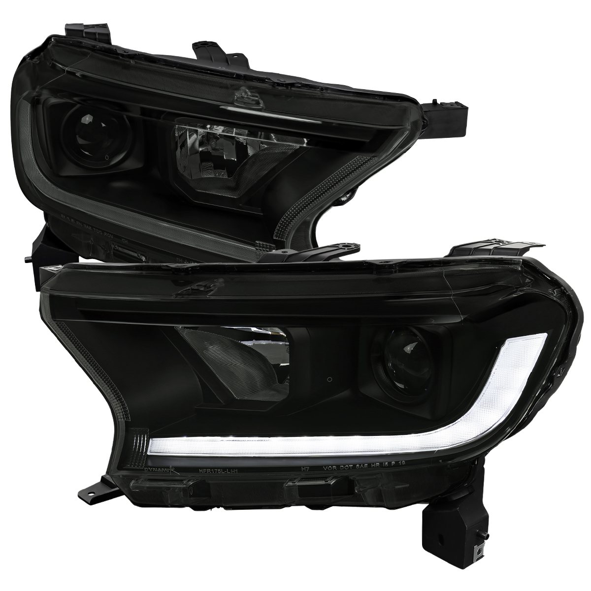LHP-RAN19SM-SQ-RS Projector Headlight with Sequential Turn Signal LED Bar Matte Black Housing & Smoked Lens