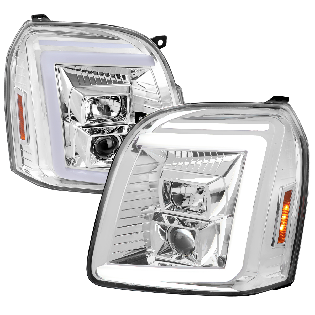 2LHP-DEN07-G2-TM Switchback & Sequential Turn Signal Projector Headlight with LED Bar Chrome Housing & Clear Lens for 2007-2014 GMC Yukon