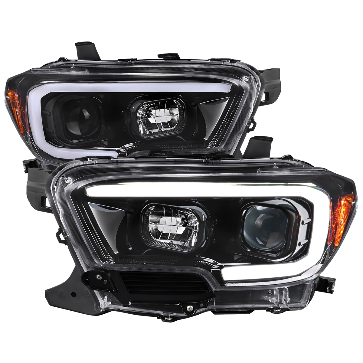 2LHP-TAC16BK-TM Switchback Turn Signal Projector Headlight with DRL LED Bar Glossy Black Housing Clear Lens for 2016-2023 Toyota Tacoma
