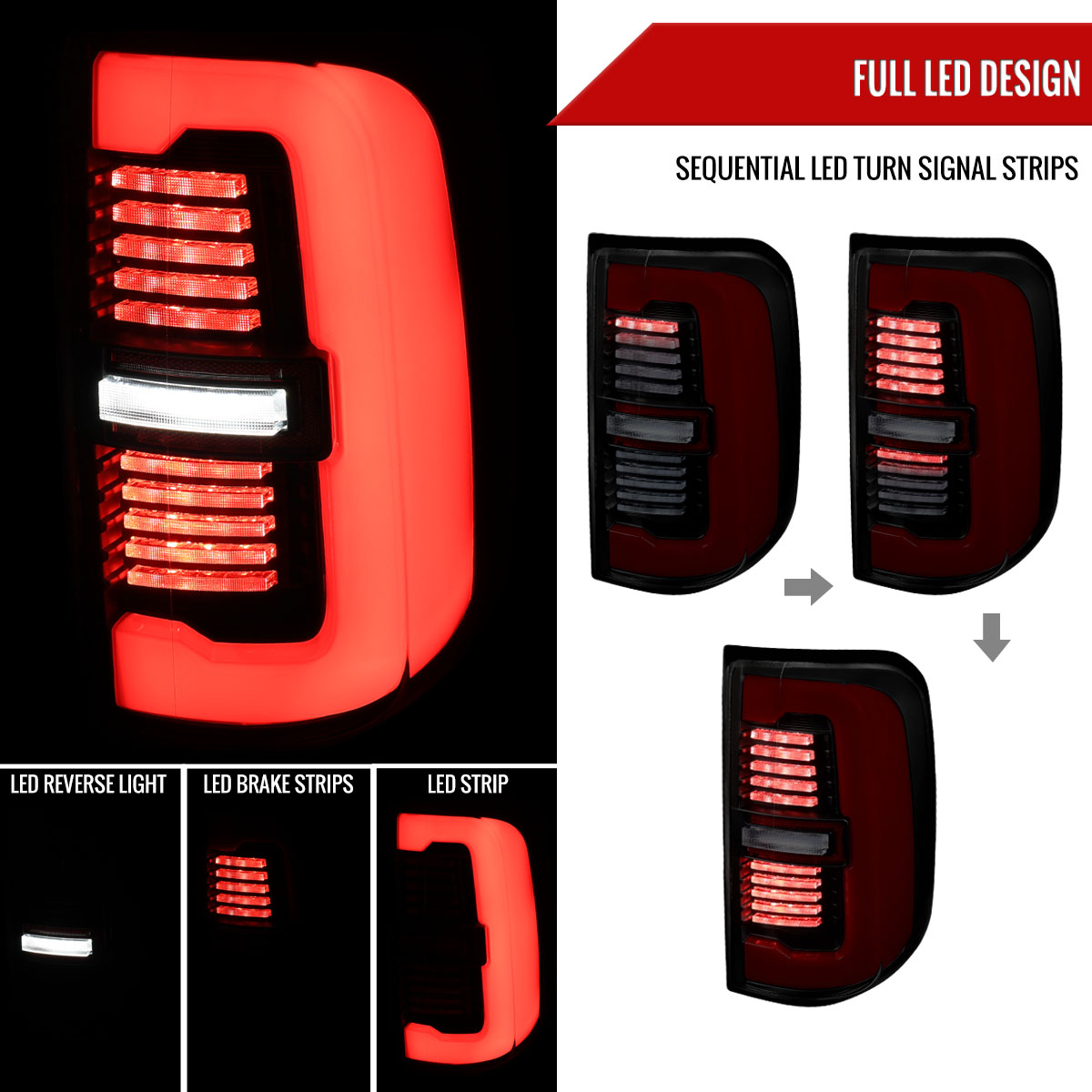 Matte Black Housing & Smoked Lens Tail Light with Sequential Turn Signal LED Strip & Side Marker Brake Reverse for 2019-2024 RAM 1500