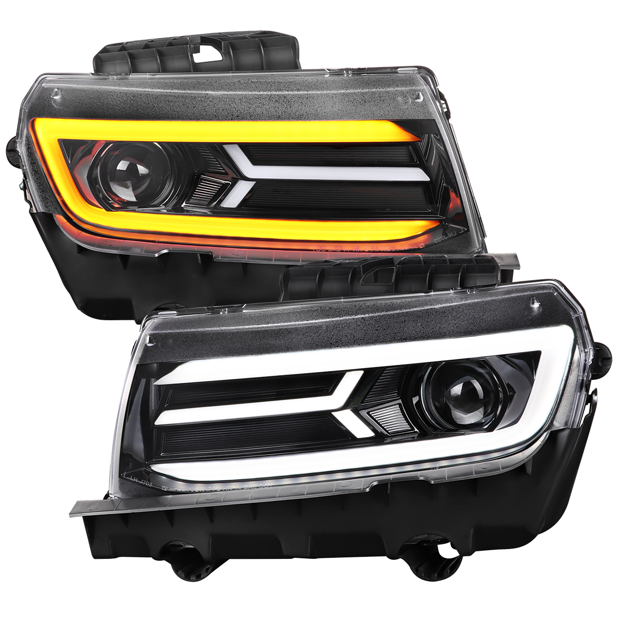 LHP-CMR14BK-SQ-TM Glossy Black Housing & Clear Lens LED Strip Projector Headlights with Sequential Turn Signal Lights for 2014-2015 Chevrolet Camaro