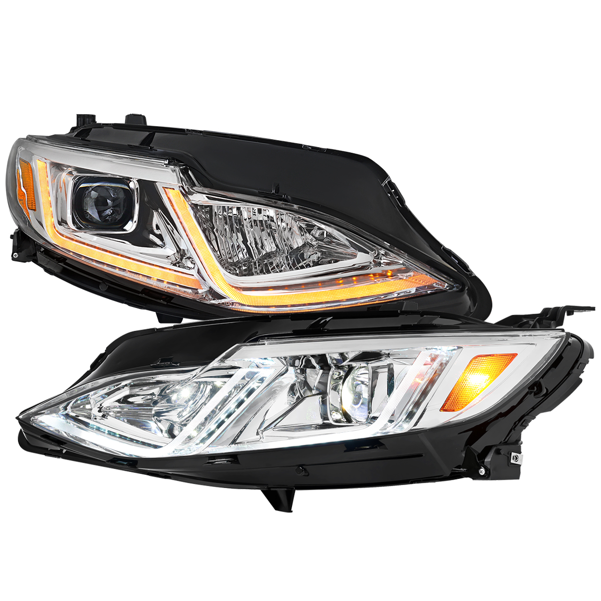 2LHE-MBU19-SQ-RS Full LED Projector Headlights with Chrome Housing & Clear Lens Switchback Sequential Turn Signal for 2019-2024 Chevrolet Malibu