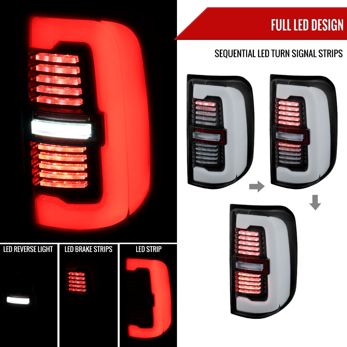 LT-RAM1915JMLD-SQ-RS Black Housing & Clear Lens Tail Light with Sequential Turn Signal LED Strip & Side Marker Brake Reverse for 2019-2024 RAM 1500