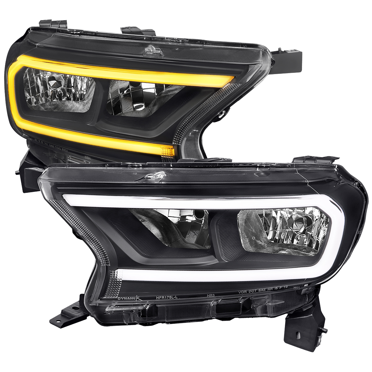 LH-RAN19JM-SQ-RS Light Bar & Black Housing Clear Lens Headlights for 2019-2023 Ford Ranger XL & XLT