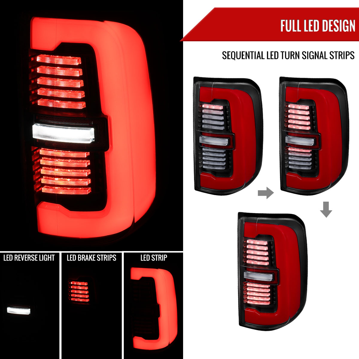 LT-RAM1915JRLD-SQ-RS Red LED Strip & Side Marker Brake Reverse Light with Black Housing & Clear Lens for 2019-2024 RAM 1500