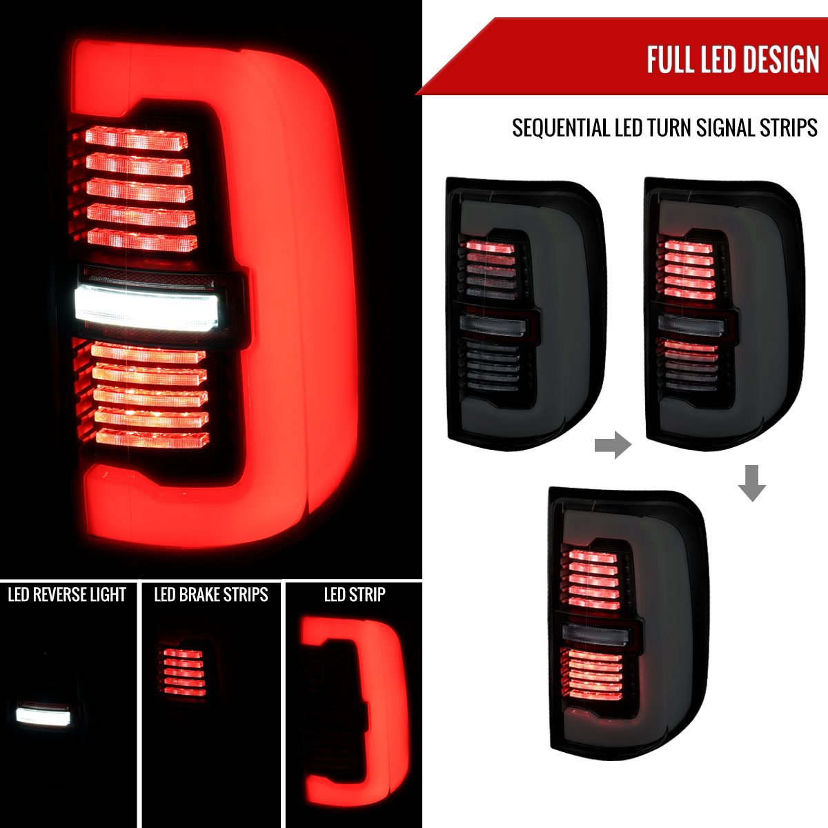 Glossy Black Housing & Smoked Lens Tail Light with Sequential Turn Signal LED Strip & Side Marker Brake Reverse for 2019-2024 RAM 1500