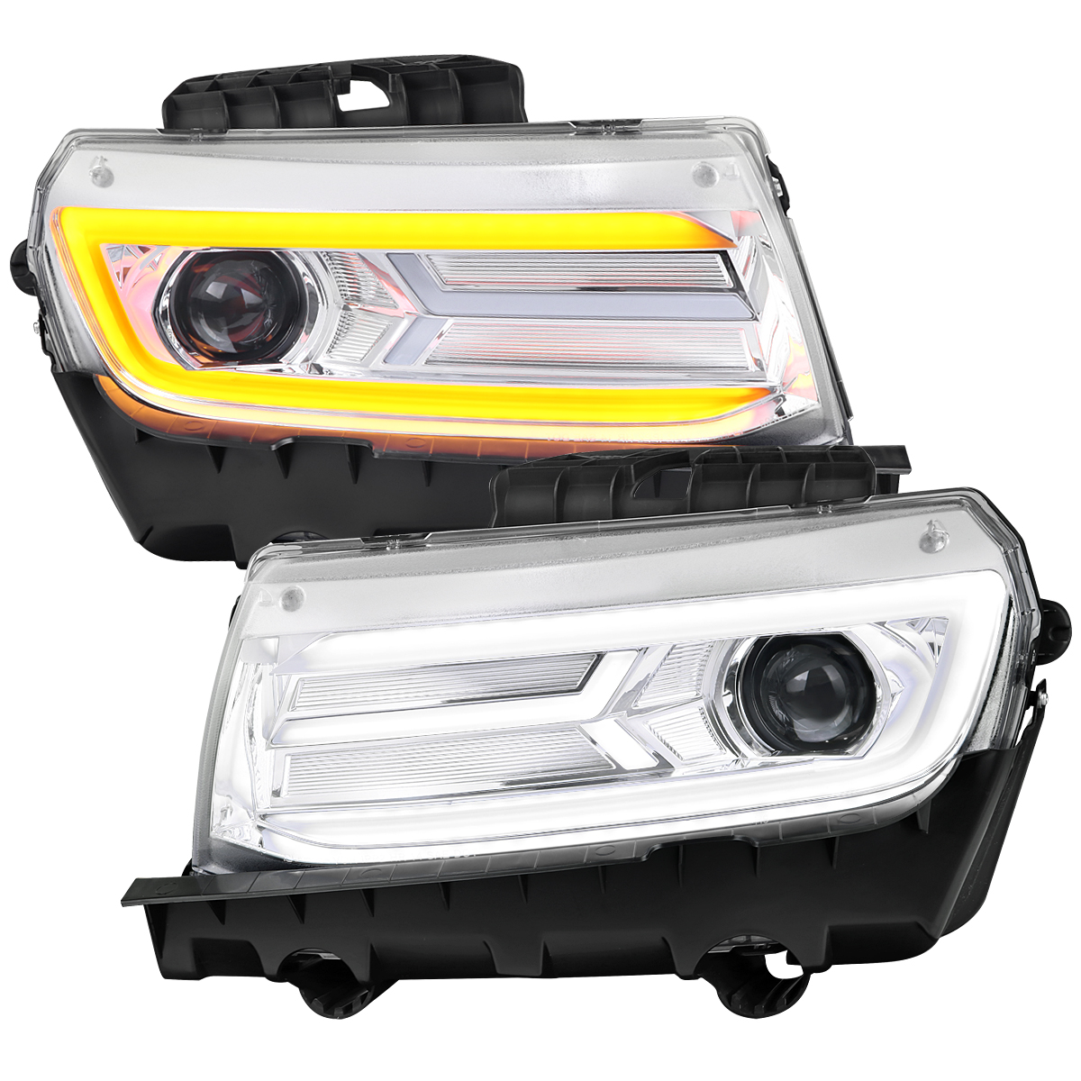 LHP-CMR14-SQ-TM LED Bar Projector Headlights Light with Chrome Housing Clear Lens for 2014-2015 Chevrolet Camaro