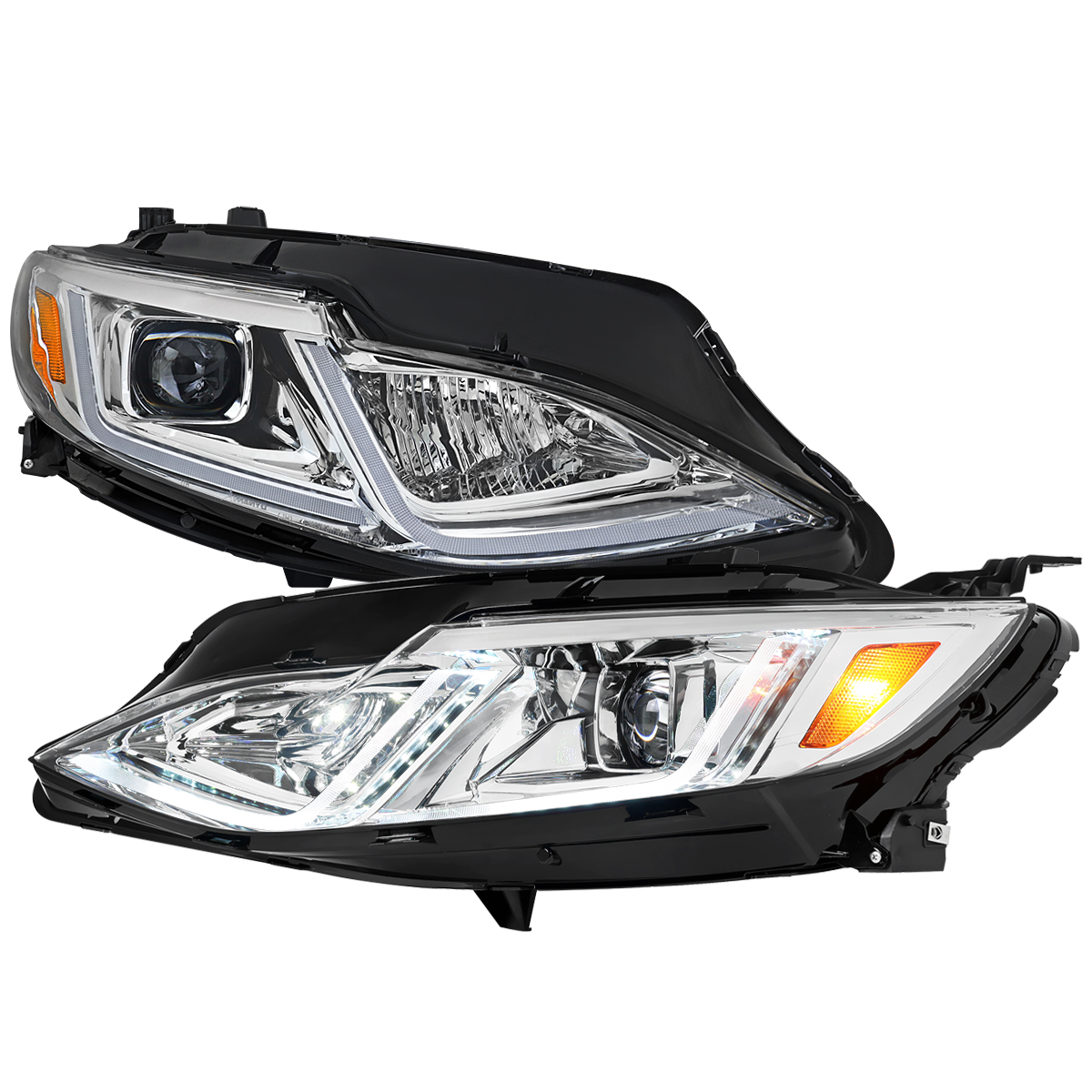 2LHP-MBU19-SQ-RS Switchback Sequential LED Turn Signal Projector Headlights with Chrome Housing & Clear Lens for 2019-2024 Chevrolet Malibu