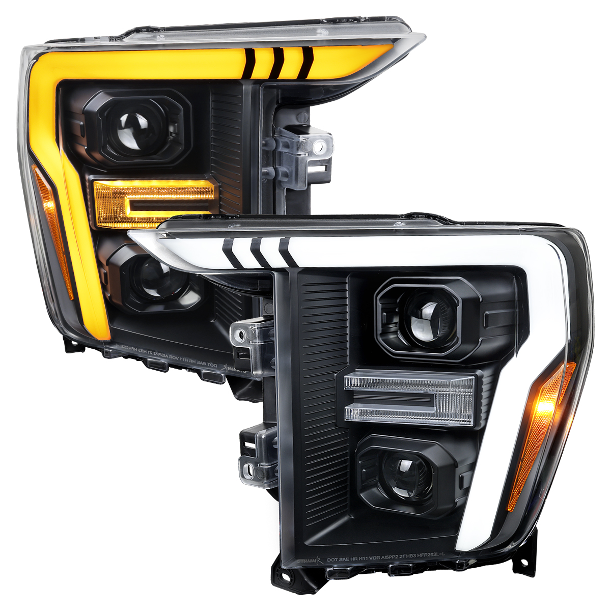 2LHP-F15021JM-SQ-RS 21 x 24 x 25 in. OE Halogen Projector Headlights with Switchback Sequential Turn Signal LED Bar for 2021-2025 Ford F-150