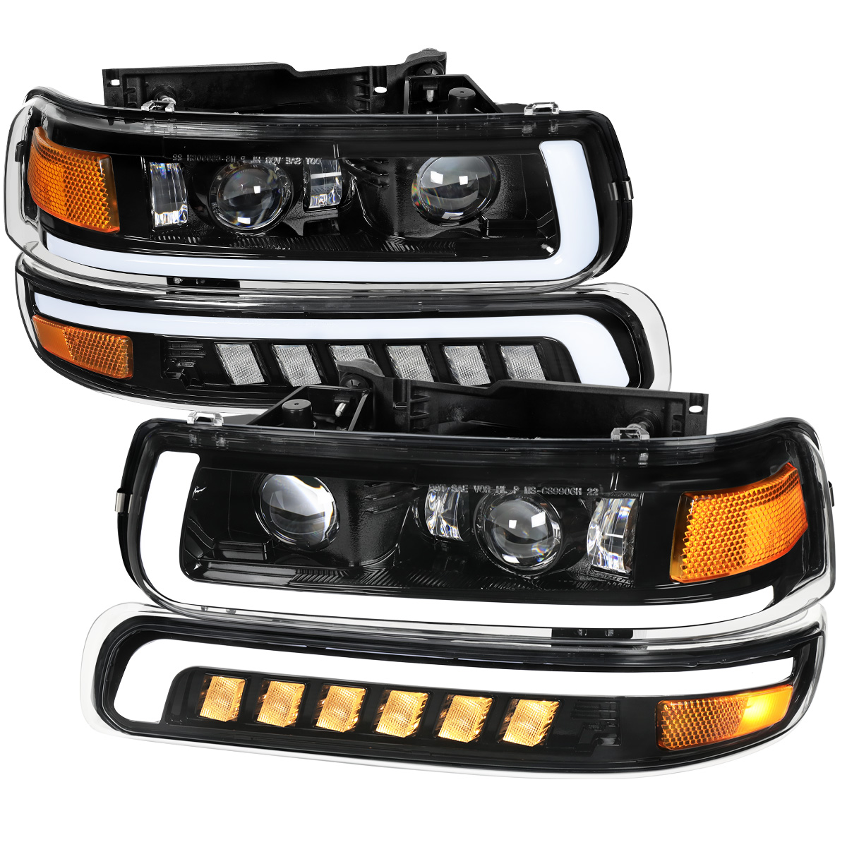 2LBLHE-SIV99JM-MS LED Projector DRL Headlights with Bumper Lights for 1999-2002 Chevrolet Silverado 1500 & 2500