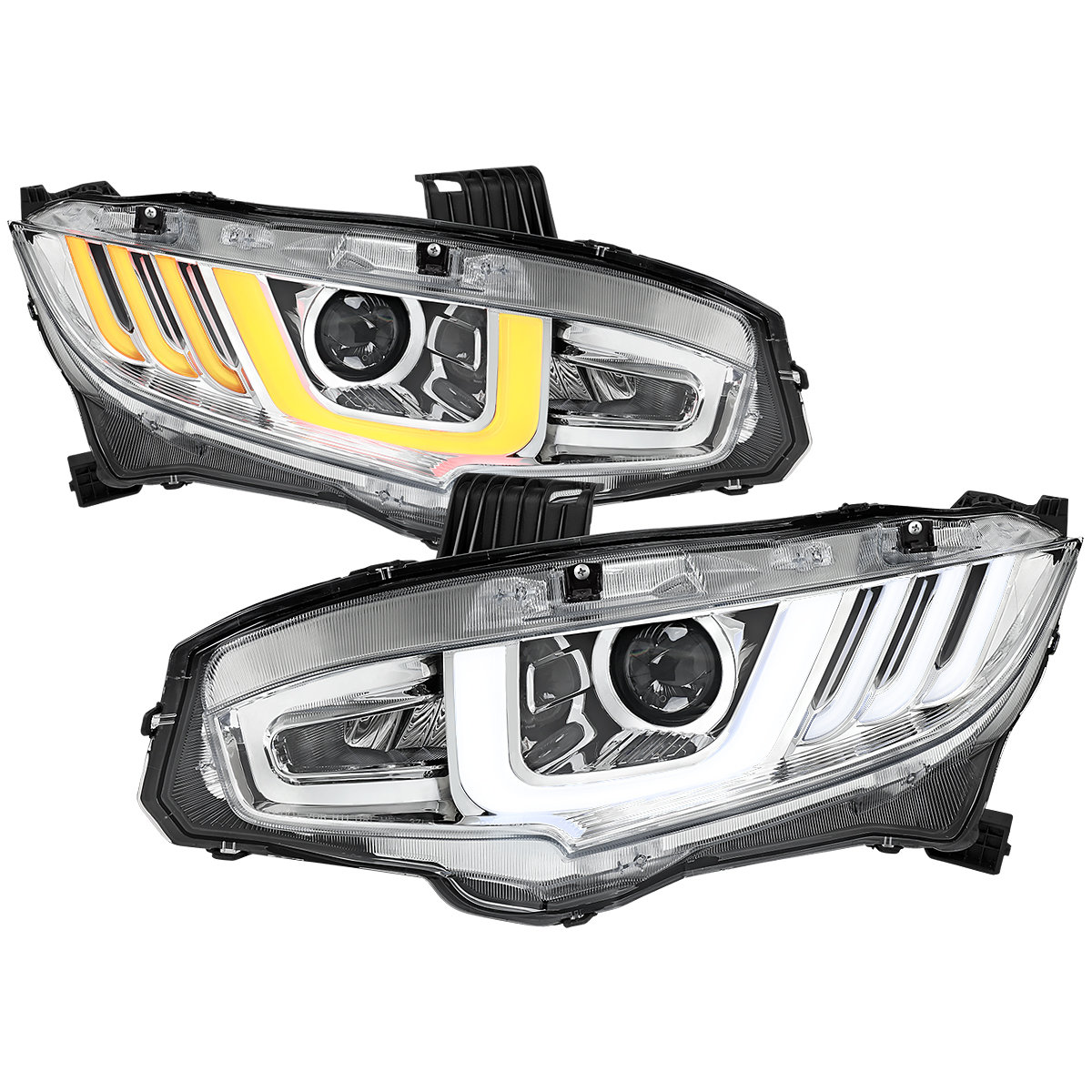 LHE-CV16H-SQ-RS Chrome Housing & Clear Lens Full LED Projector Headlights with Switchback Sequential Turn Signal for 2016-2021 Honda Civic